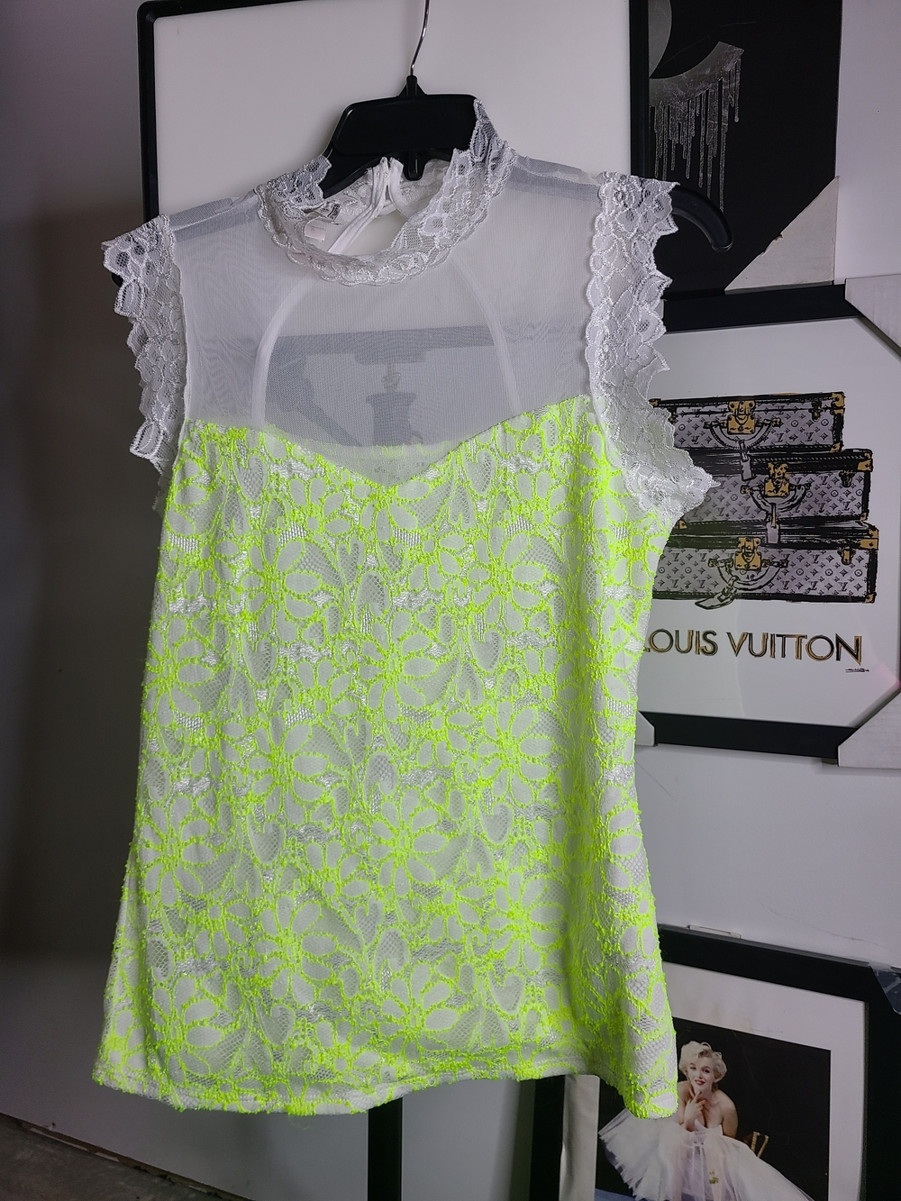 Sheer Lace Neon Yellow & White Sleeveless Top